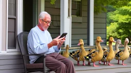 confused older man using cellphone on his porch surrounded by many ducks