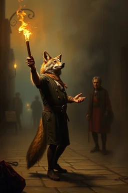 aardwolf man juggling torches, painting by Rembrandt, with motion blur city background, and volume light fog with sunlight rays
