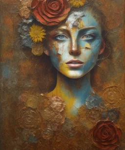  an abstract painting of rusted metal and flowers, african portrait, rust, scaffolding, iron cladding, decay, mixed media, textured, anatomically correct, beautiful perfect face, sharp focus, highly detailed, injured face