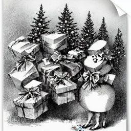 packages with bows and a decorated pine tree for Christmas by Thomas Nast light color for shading