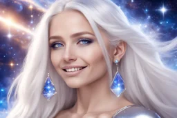 very beautiful cosmic women with white long hair, little smile, with cosmic silver metallic suite and brightly earings. in the background there is a bautiful sky with stars and light beam