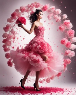 photography beautiful model high fashion dress made of a swirl of delicate carnations fashion heels splash explosion swirl in a circle beautiful