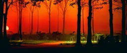 library in forest with fireflies and orange mystic lights around trees that have wide leaves and broad trunked. Night with moon light.