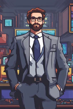 Fuzzy CEO looking friendly at the viewer pixel art super nintendo style