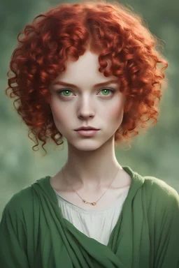 fifteen-year-old girl with short, blood-red curls, green eyes, dressed in a green tunic