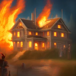 a house on fire on top of a hill in the background with a beautiful blonde woman holding a flaming torch in the foreground