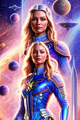 young cosmic woman admiral from the future, one fine whole face, large cosmic forehead, crystalline skin, expressive blue eyes, blue hair, smiling lips, very nice smile, costume pleiadian,rainbow ufo Beautiful tall woman pleiadian Galactic commander, ship, perfect datailed golden galactic suit, high rank, long blond hair,