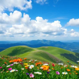 beautiful Green hills covered with flowers colorfull ,blue sky pretty clouds ,very nice flowers at closeup ,wonderfull mountains at distance