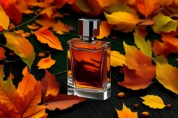 generate me an aesthetic complete image of Perfume Bottle with Autumn Leaves