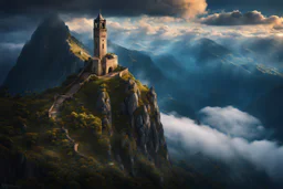 a needle thin tower on the top of a lonely steep massiv mountain reaching into the clouds. fantasy concept art, exquisite realism, a masterpiece, dynamic lighting, hyper detailed, intricately detailed, deep color, Unreal Engine, volumetric lighting , Epic cinematic brilliant stunning intricate meticulously detailed dramatic atmospheric maximal,