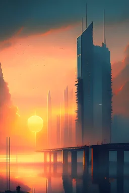 skyskraper city next to the sea, sunset, misty whaeter, glass building, high density, big bridge