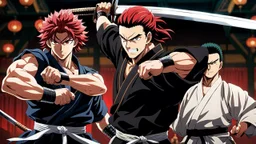 yujiro hanma vs yoriichi tsugukuni, baki vs kimetsu no yaiba, two mans standing in front of each other, a big strong man in black shirt with red hair and evil grin in martial art's stance with bare fists facing a smaller feminine swordsman with long hair and calm face reaching for his sword in traditional japanese clothes both preparing to fight each other