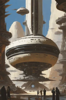 persian style,A spaceship docked at an alien space station, in the style of John Berkey and Gerald Brommell, scifi art. --v 6. 0 --ar 51:64