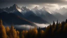 Whispering Peaks A range of snow-capped mountains whispering ancient secrets through the rustling leaves of eternal aspen forests, veiled by ethereal mists that dance in the moonlit valleys.