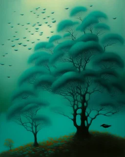 Teal treetops with singing songbirds painted by Birge Harrison