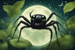 Generate an image of an itsy bitsy spider named Spindle sitting on a green leaf in a moonlit garden. Spindle should be looking up at the night sky filled with stars. Convey a sense of curiosity and wonder on Spindle's face.