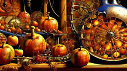 Apples. Pears. Grapes. Dishes. Oranges. Wood table. Coffee pot.