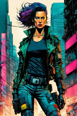 create a full body portrait illustration of a cyberpunk samurai female police detective with prosthetic arm in flak jacket, with highly detailed , sharply defined feminine facial features, in a chaotic, turbulent, otherworldly city in the comic art style of BILL SIENKIEWICZ and JEAN GIRAUD MOEBIUS, searing lines and forceful strokes, precisely drawn, inked, and darkly colored