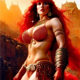 Drawing of beautiful face,'beautiful ,Busty Red Sonja',intense stare, ancient skintight armor, balanciaga fashion clothe painting by gaston bussiere, greg rutkowski, yoji shinkawa, yoshitaka amano, tsutomu nihei, donato giancola, tim hildebrandt, Oil on canvas, cinematic composition, extreme detail,fit full head inside picture,16k