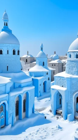A light pale blue village in winter season designed in ancient Egyptian hieroglyphics painted by Antoni Gaudi