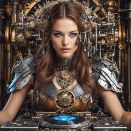 Front view half body gorgeous Realistic Photography beautiful super model Russian as playing Dj player with body full mechanical steampunk cyborg realistic beautiful woman hyper detailed