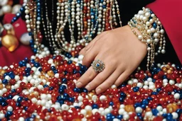 close-up high res photo by russ meyer: a gypsy's wrist surrounded and saturated by strings of pearls, the hundreds of pearls in every color shaped like dice or skulls. It's the childlike, mortal symbol of chance intertwined with destiny.