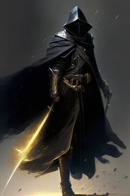 A commander with a black cloak and a long coat with long combat boots and a long spear with his Helmet is golden under his cloak like assasins With a magical power in his hand