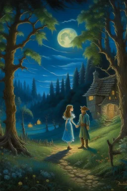 A prince and a village girl secretly meet by the moonlight in an oil painting forest