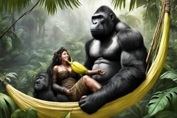 This jungle woman in the hammock is hungry and her male gorilla behind her brings her a big banana to eat in her mouth to satisfy her appetite.