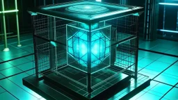 Cube tesseract from movie Loki. Tesseract should not be cropped. Located strictly in the middle of picture with space around it and with navy blue/green glow inside tesseract. Without surface/table on which it stay.