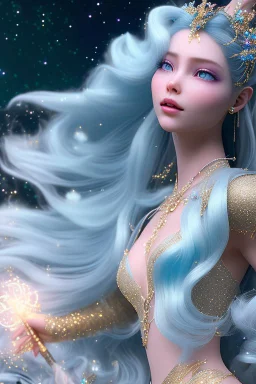 woman glitter blue fairy in a galactic ambiance, long blue hair, detailed gorgeous smile, delicate colors in the foreground, full of details, smooth, light effect，vaporwave colorful, smooth, extremely sharp detail, finely tuned detail, ultra high definition, 8 k, unreal engine 5, ultra sharpBeautyful smiling young woman, long hair amazing blue eyes, flowers, happy cosmic, bright colors, blue, pink, gold, jewels, realistic, photo real, clear sunny background, highly detailed, high contrast, 8k 