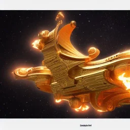 huge ornate spaceship made of brass flying through space, on fire, 3d render