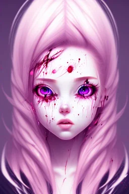 girl, cute, beautiful, big nose, pink hair, long hair, blue eyes, black sweater, blood splatter, long eyelashes, crazy face, lazy eye, yandere