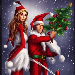 two elves. woman and man. Christmas scene. poster. marvel comic. low-key