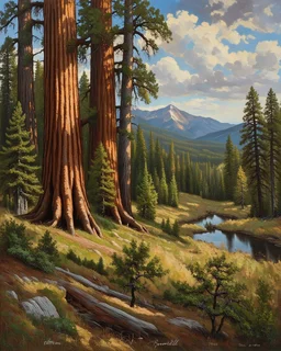 Prompt: Style: A monumental nineteenth-century American Romantic landscape painting inspired by the grand panoramic tradition of the Hudson River School. Luminous realism, masterful atmospheric perspective, refined glazing techniques, dramatic natural light, meticulous botanical detail, majestic wilderness, subtle oil textures, museum-quality fine art, celebrating the sublime beauty of untouched nature. Subject: The colossal giant sequoias of Sequoia National Park dominate the landscape, their