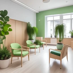 Salle d'attente, hôpital, chaises vert es pastel, et bois, remplie de plantes