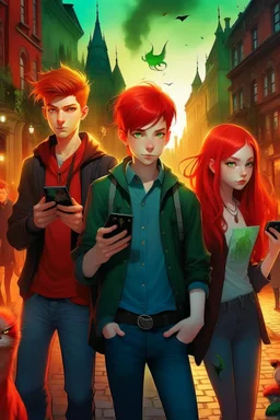 book cover with three young detectives - two brothers with red hair and a girl with punk look - and magic black cat. In background group of teenagers turned into computer-addicted zombie. Everything is located in old town