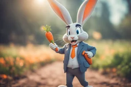 Bugs Bunny holding holding a large carrot in his hand in front of his trousers, with the tip pointing towards us, ethereal, cinematic postprocessing, bokeh, dof