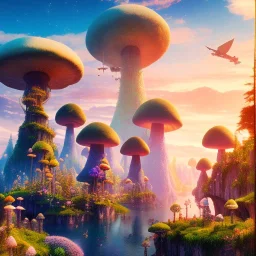 landscape 8k ultra realistic, beautiful, dwarfs in hippie clothes, trippy mushroom city, in a pastel style, willow, cave