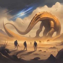 colored Concept art painting of a group paleontologists in an sand storm, epic, dramatic, aktion scene