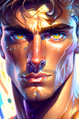 A detailed illustration of a beautiful young male human with muscles holding key . Highly detailed flawless facial features and eyes. . Fairy background, wide angle, abstract design, beautiful, thick flowing paint strokes, fantasy art, modern art, ((soft happy complimentary colors,)) brown eye , 4K resolution.