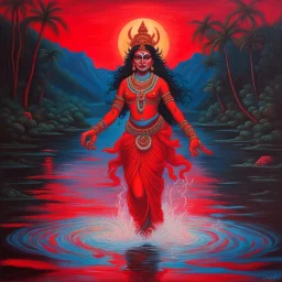 An oil painting of goddess Kali crossing a lake, neon red colors, side angle