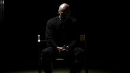 في الصورة، يظهر رجل جالس على كرسي في غرفة مظلمة. وجهه غير واضح، لكن يمكن رؤية عينيه مغمضتين. الرجل يرتدي ملابس سوداء، ويبدو أنه في حالة من الهدوء والتأمل.