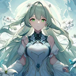 A highly detailed digital painting of an innocent sweet women with light green hair and light green eyes, white flowers in her hair, a beautifully detailed white dress with light green edges, the artworks conveys purity and has a white themed background