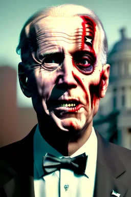 Ultra realistic image, joe biden zombie, zombie performance,skull, blood, torn arm, night, walking twisted, waist up view, thriller style, dark ambient, highly detailed, White House background, concept art, unreal engine 5, god rays, ray tracing, RTX, lumen lighting, ultra detail, volumetric lighting, 3d, finely drawn, high definition, high resolution.