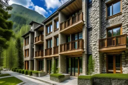 2 storey apartment building that looks like a resort in the mountains with stone accents and colur