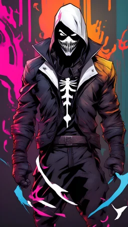 Mix between venom symbiote and assassin creed and Dressed as assassins with a white stick and venom face with his mark, neon colors