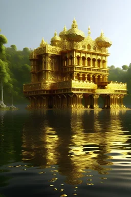 a golden school floating over water with diamonds on top and golden guards around surrounded by a forest.