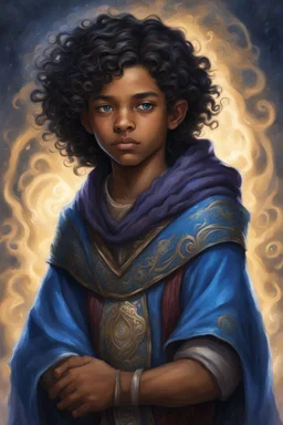 young mulatto sorcerer, thirteen years old, blue eyes, wavy black hair