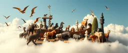 chess board full of animals instead of pieces, clouds under board, noah and the ark